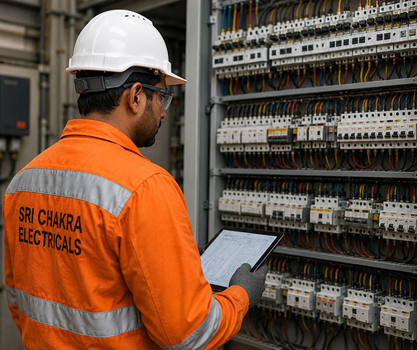 Electrical engineer inspecting industrial electrical control panel and HT & LT power distribution systems by Sri Chakra Electricals Bengaluru