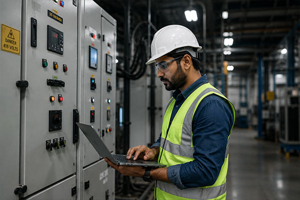 Professional electrical engineers inspecting industrial electrical panels and HT & LT power systems in Bengaluru